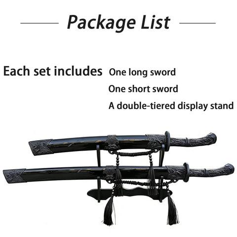 Two Pack Polypropylene Martial Swords For Practice And Training Katana Style Bokken With Dragon Tiger Treasure Style Unsharpened Blades Sheath Belt And Stand Included displayed on stand