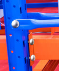100 Pack Galvanized Pallet Rack Drop Pins M5 Round Head Safety Bolts securing blue and orange shelving beams.