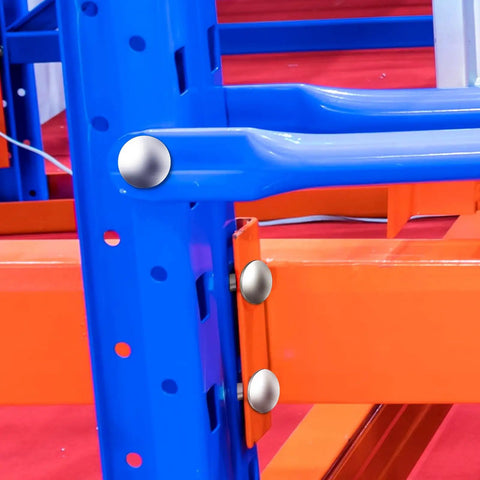 100 Pack Galvanized Pallet Rack Drop Pins M5 Round Head Safety Bolts securing blue and orange shelving beams.
