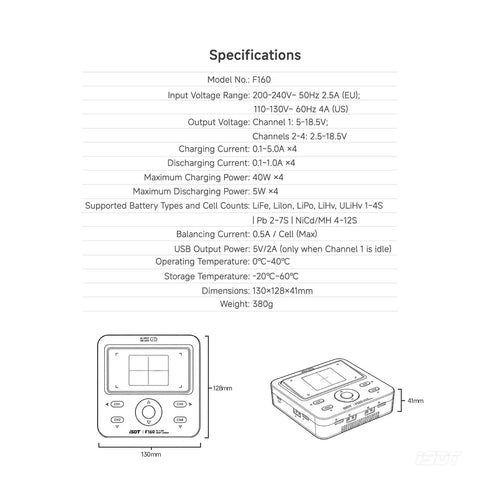 Quad Channel 40W RC Battery Charger and Discharger specifications sheet with XT60 output ports for FPV drones.