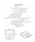 Specifications of F160 4 Channel GaN LiPo Battery Charger with dimensions and display, highlighting charging features.