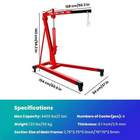 Heavy Duty 2 Ton Folding Hydraulic Engine Hoist Handling Up To 4000 Pounds Without Breaking A Sweat For Home Garages And Pro Auto Shops with dimensions displayed.