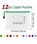 12 Pack Mesh Zipper Pouches With Label Pockets For Office Home And Travel Waterproof A6 Size File Bags multiple colors shown
