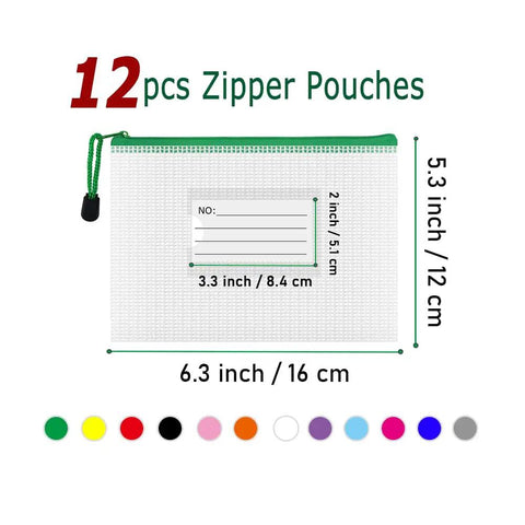 12 Pack Mesh Zipper Pouches With Label Pockets For Office Home And Travel Waterproof A6 Size File Bags multiple colors shown