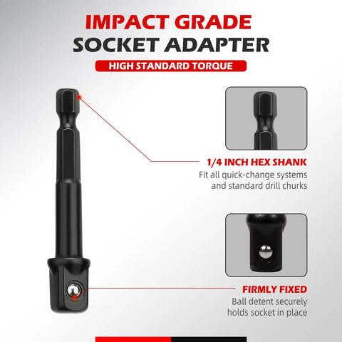1/4 Inch Drive Universal Impact Socket Set image featuring impact grade socket adapter and 1/4 inch hex shank.