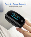 Hand holding rechargeable finger pulse oximeter with SpO2 and pulse rate, easy to use touchscreen control, not for medical use, black.