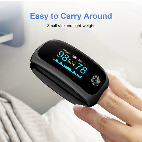 Hand holding rechargeable finger pulse oximeter with SpO2 and pulse rate, easy to use touchscreen control, not for medical use, black.
