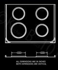 Technical diagram of Porcelain Drip Pan Set for Frigidaire Kenmore Ovens, Replacement Four Piece Includes Two 6 Inch And Two 8 Inch Pans, Made in USA.
