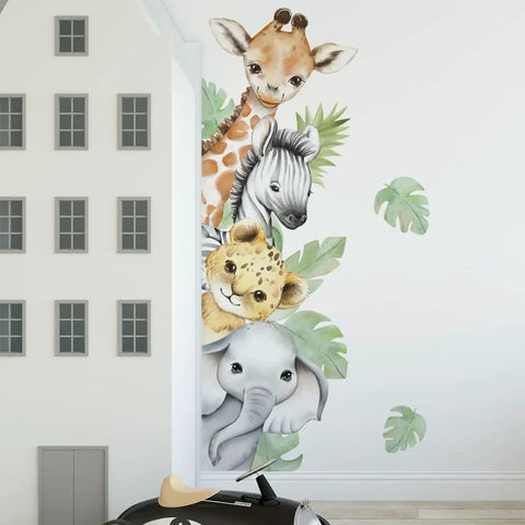 Jungle Safari Animal Wall Decals Set With Watercolor Elephants Lions Monkeys Kid Friendly Sticker Kit for nursery decor.