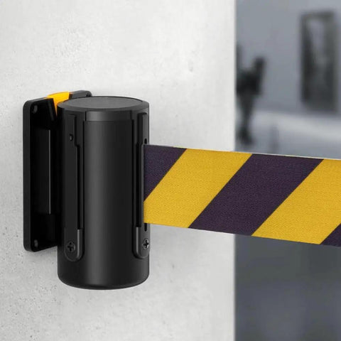 Slick Wall Mounted Retractable Warning Belt With Auto Magnetic Lock, five meter yellow and black barrier for crowd control.