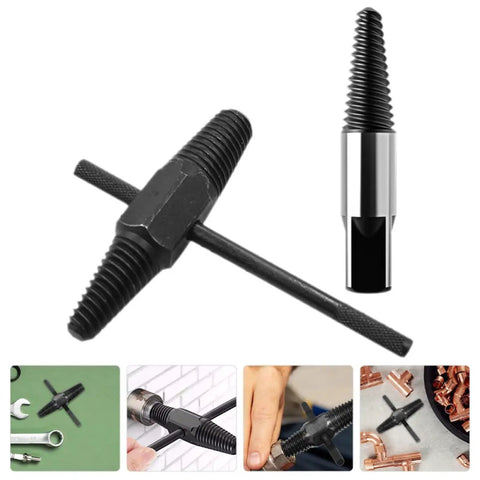 Heavy Duty Screw Extractor Set With Dual-head Design For Easy Bolt Removal And Broken Water Pipe Screw Fixing, Simple To Use Plumbing Tool Kit Great For Home Repairs. black steel dual-head extractor with T-handle