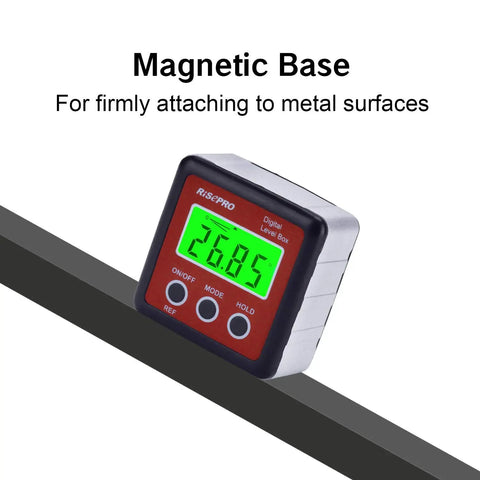 Digital Level Box Protractor Inclinometer with Magnetic Base and Bright LCD Backlight shown attached to a metal surface