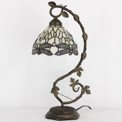Amber Tiffany Style Dragonfly Table Lamp With Stained Glass Shade And Metal Leaf Base, Cozy Reading Light