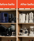 Before and after organization of kitchen appliances in a cabinet, showcasing a neat arrangement in the 'After bella' section.