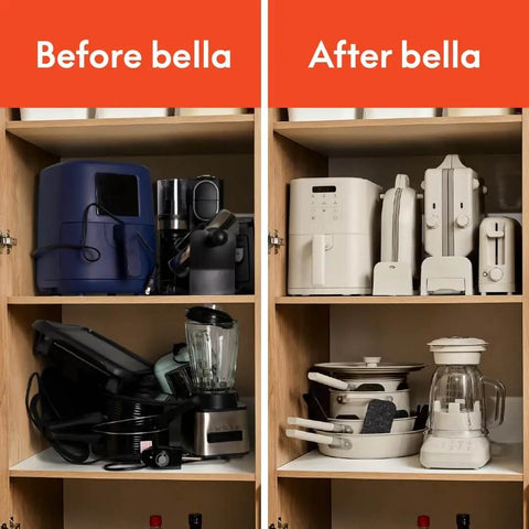 Before and after organization of kitchen appliances in a cabinet, showcasing a neat arrangement in the 'After bella' section.