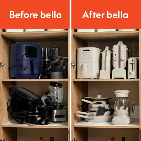 Comparison of kitchen shelves before and after organizing with appliances neatly arranged in the 'After' section.