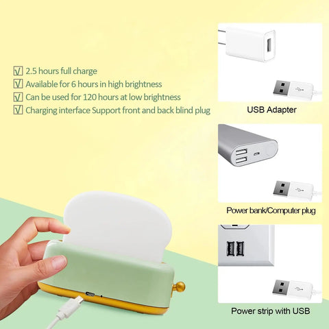 Rechargeable Cute Toaster Lamp With Smile Face being charged via USB with adapter, power bank, and power strip options shown.