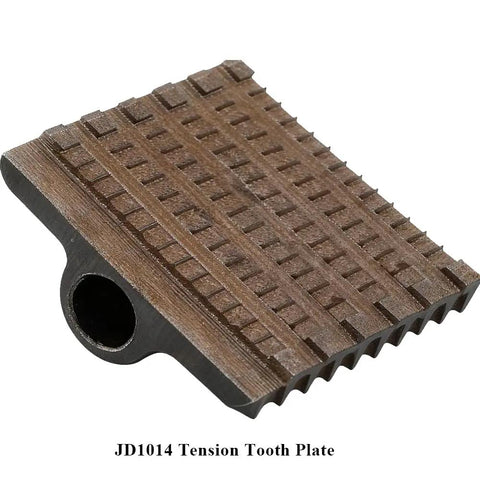 Replacement Parts Kit For BSC13-16 Electric Strapping Machine Includes JD1024 Welding Tooth Plate, JD1013 Tension Wheel, JD1014 Tension Tooth Plate, JD1029 Cutter, JD1030 Cutter Pressure Spring, And 4 JD1082 Metal Gaskets. JD1014 tension tooth plate close-up