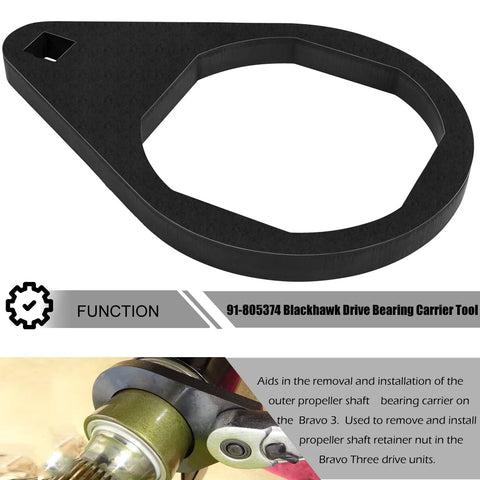 Front view of Blackhawk drive bearing carrier tool for Mercruiser Bravo 3; black ring-shaped wrench with square notch