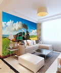 Self Adhesive Train Wall Mural With Steam Locomotive Design, Dope 3D Depth Embossed Texture, Big 12Ft By 8Ft Wallpaper Backdrop in living room