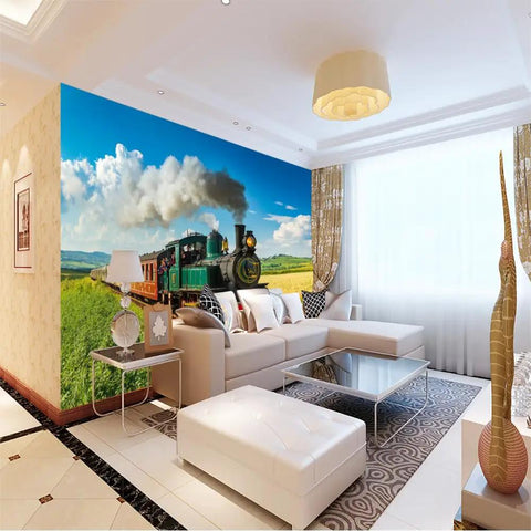 Self Adhesive Train Wall Mural With Steam Locomotive Design, Dope 3D Depth Embossed Texture, Big 12Ft By 8Ft Wallpaper Backdrop in living room