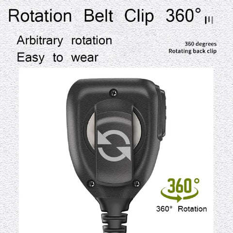 Dual Ptt Handheld Microphone Speaker for GMRS Ham Radios with 360-degree rotating belt clip and waterproof upgrade.