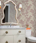 Kicked Up Your Walls With This Dope Tropical Exotic Vinyl Wallpaper Featuring A Solid Leather Texture And Heavy Duty Commercial Grade Durability Custom Printed Just For You, elegant bathroom with floral wallpaper, mirror, and fixtures.