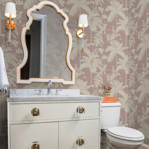 Kicked Up Your Walls With This Dope Tropical Exotic Vinyl Wallpaper Featuring A Solid Leather Texture And Heavy Duty Commercial Grade Durability Custom Printed Just For You, elegant bathroom with floral wallpaper, mirror, and fixtures.