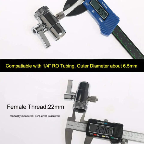 Heavy Duty Brass Sink Faucet Diverter Valve With Rigged Tough Chrome Handle No Sweat Plumbing Swap For Countertop Water Filter Sprayer and measuring tools showing size details.