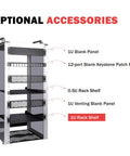 Optional accessories for server racks, including 1U Blank Panel, 12-port Patch Panel, and 0.5U Rack Shelf.