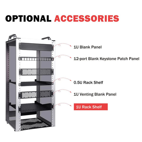 Optional accessories for server racks, including 1U Blank Panel, 12-port Patch Panel, and 0.5U Rack Shelf.