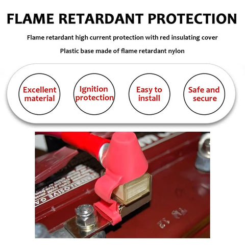 Close-up of Heavy Duty 200A Battery Terminal Fuse Block Kit Waterproof 58V Fuse Mount with red insulation for safety.