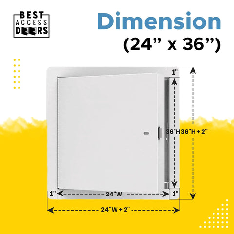 Heavy Duty Fire Rated Insulated Access Door With Flange, 24 By 36 Inch Galvannealed Steel Plate with dimension details.