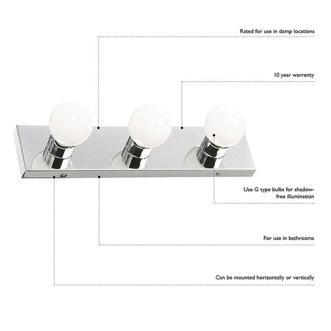 Five Light Vanity Strip Light Dimmable Polished Chrome Fixture For Bathroom And Bedroom Makeup Vanity, Contemporary Backplate Mount, Horizontal Or Vertical Install, Dope For Any Modern Remodel - close-up front view of three-bulb design.