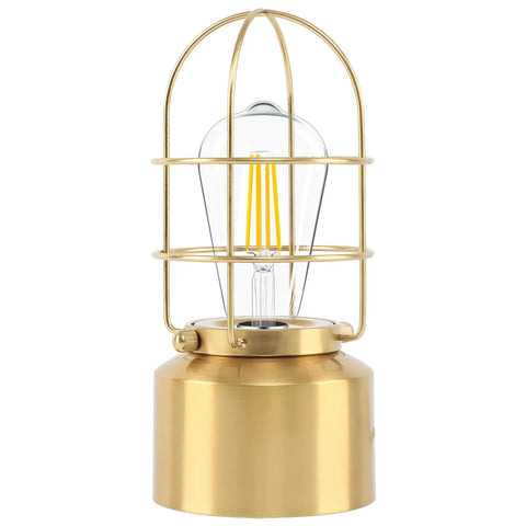 Industrial 3-Way Dimmable Desk Lamp With USB Ports, Touch Control, gold metal base, cage-style bulb guard