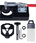 35mm hinge boring jig kit with ABS and alloy steel locator set and quick clamp; black base with drill sleeves and bits
