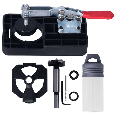 35mm hinge boring jig kit with ABS and alloy steel locator set and quick clamp; black base with drill sleeves and bits