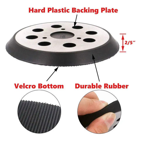 Rock Solid 5 Inch Hook And Loop Sanding Pads With Heavy Duty Dust Collection And No Sweat Installation For Random Orbit Sanders Compatible With Dewalt And Porter Cable 2 Pack, showing durable rubber and velcro bottom.