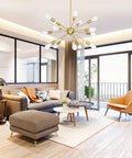 Sputnik 15 Light Brushed Brass Chandelier Modern Pendant Lighting With Industrial Vintage Mid Century Flair Gold Ceiling Light Fixture Flush Mount Adjustable Height For Kitchen Dining Room And Bedroom Totally Boss Vibe in modern living room.