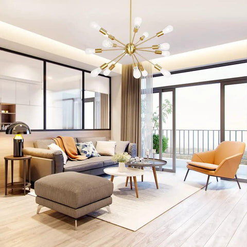 Sputnik 15 Light Brushed Brass Chandelier Modern Pendant Lighting With Industrial Vintage Mid Century Flair Gold Ceiling Light Fixture Flush Mount Adjustable Height For Kitchen Dining Room And Bedroom Totally Boss Vibe in modern living room.