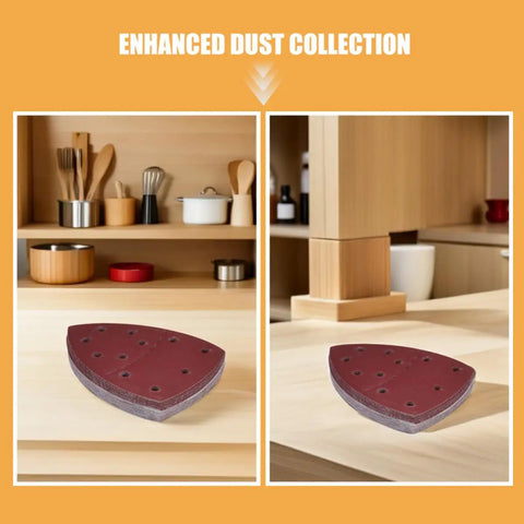 60 pcs Triangle Mouse Detail Sander Sandpaper Sheets with 11-Hole Hook and Loop Backing on a wooden countertop.