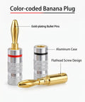 Built Tough Gold Plated Banana Plug Speaker Wire Connectors with dual screw aluminum shell and gold-plating bullet pins.