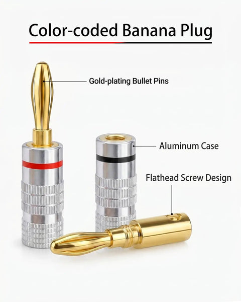Built Tough Gold Plated Banana Plug Speaker Wire Connectors with dual screw aluminum shell and gold-plating bullet pins.