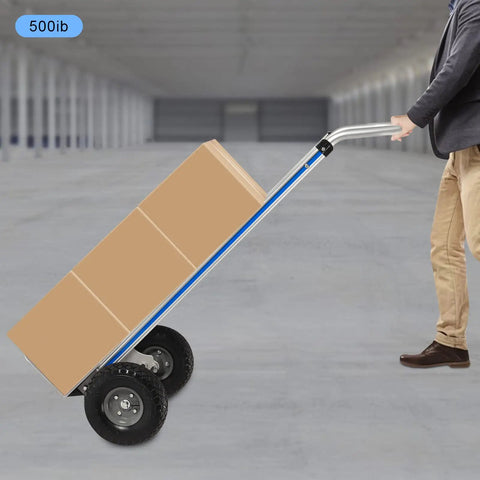Heavy Duty Aluminum Hand Truck 500lbs Capacity Steel Handle Dolly Cart moving cardboard boxes in a warehouse.
