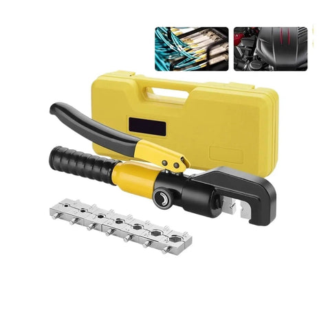 Top Quality Hydraulic Crimping Tool And Rebar Shears in yellow case, designed for 12 to 20 AWG copper and aluminum wires.