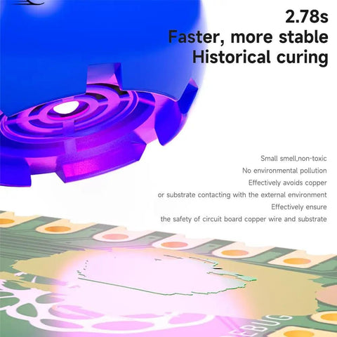 Close-up of UV Instant Curing Solder Mask Ink for DIY PCB Repairs with arcing prevention and strong insulation