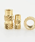 Top Tier Brass Knurled Hot Melt Threaded Inserts For 3D Print Boards From M2 To M6, showing three sizes for secure strong hold.