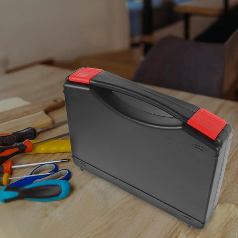 Portable Plastic Toolbox With Grip Handle, Heavy Duty Hard Shell Organizer For Mechanics, tough workcase on wooden surface.