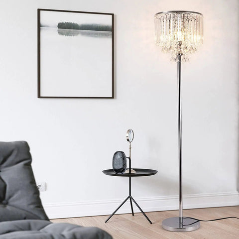 Modern Crystal Floor Lamp With Chrome Finish, 3 Glass Crystal Lights, On Off Foot Switch, Standing Reading Corner Light For Living Room, Office, Cafe, Den Or Bedroom, Glam Contemporary Glass Glow
