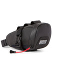 Black waterproof under saddle seat pack for bike commuting and touring, recycled ripstop bag with adjustable saddle mount, water resistant